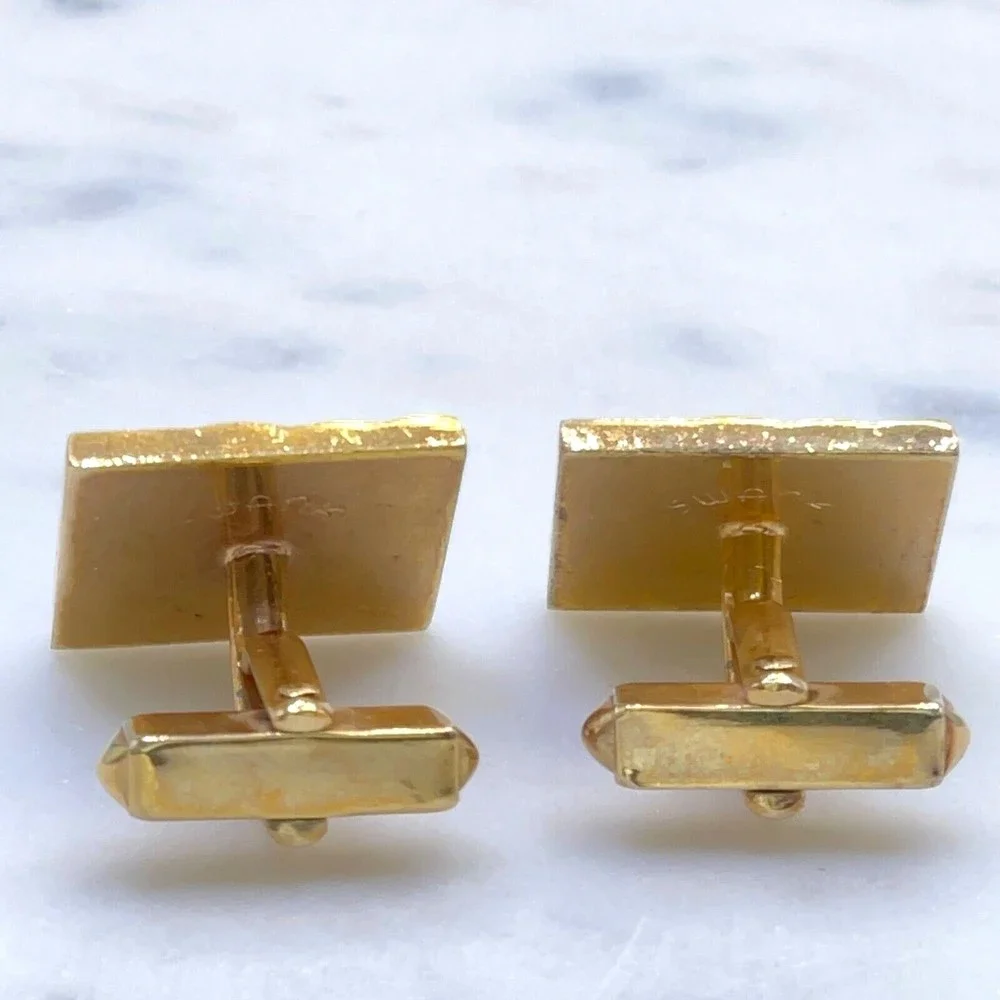 SWANK Vintage Gold Tone Brown Animal/Leather Detail Square Bullet Back Cufflinks
